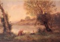 VILLEDAVARYPAYSANNE ET SON ENFANT ENTRE DEUX ARBRES AU BORD DE plein air Romanticismo Jean Baptiste Camille Corot